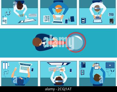 Vector top view of office cubicles with employees working on computers and manager supervising them in the middle Stock Vector