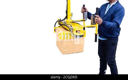 Humans are using robotic arms to show off their work. Lift a box object, industrial use. white isolate background and work path. Stock Photo