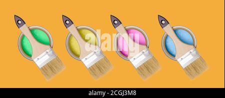 Concept of construction and repair, painting works. Paint brushes on cans of paint, set with different colors of paint. Isolated on a yellow backgroun Stock Photo