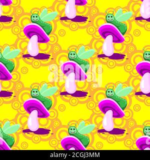 seamless pattern caterpillar character sitting on a pink mushroom on a yellow background. Vector image Stock Vector