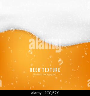 Beer color texture with bubbles and white foam. Fresh cold beer flow banner. Vector illustration Stock Vector
