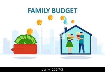 Family budget concept. Vector of a happy family inside a house and money being transferred from wallet Stock Vector