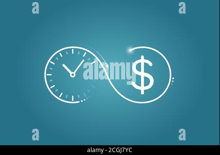 Time is money concept. Vector logo of a clock flowing into dollar symbol Stock Vector