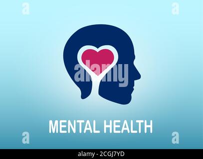 Mental health concept. Vector of a human head with red heart inside Stock Vector
