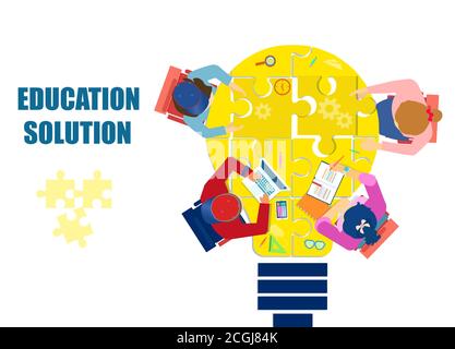 Vector of children studying solving a problem as a team together Stock Vector