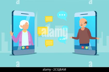 Vector of a senior couple man and woman communication using smart phone video call, chatting online Stock Vector