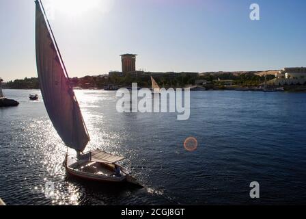 Cruising along the Nile river on Felucca boats, Nile, Egypt Stock Photo