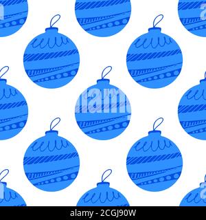 Seamless pattern made from hand drawn blue Christmas tree ball with doodle elements. Isolated on a white background. Stock Vector