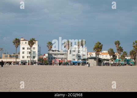View from the beach towards shopping strip in Venice Beach, Los Angeles, California, CA, USA Stock Photo