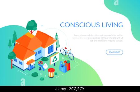 Conscious living - modern colorful isometric web banner Stock Vector