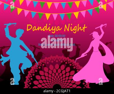 Navratri is a nine day festival for Goddess Durga. Durga Puja celebration poster. Graba dance and dandiya night abstract. Stock Vector