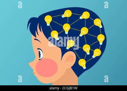 Vector of a little boy, child brain with multiple light bulb connections Stock Vector