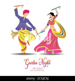 Navratri is a nine day festival for Goddess Durga. Durga Puja celebration poster. Graba dance and dandiya night abstract. Stock Vector