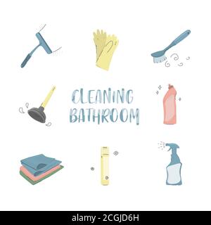 Bathroom cleaning. Set of vector color icons of cleaning tools. Stock Vector