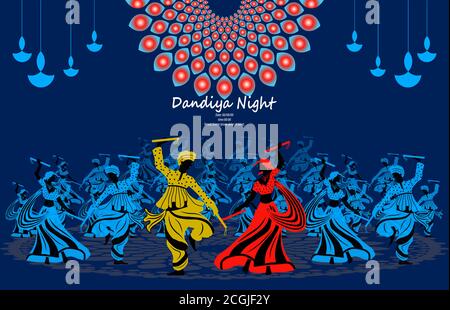 Navratri is a nine day festival for Goddess Durga. Durga Puja celebration poster. Graba dance and dandiya night abstract. Stock Vector