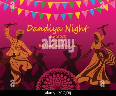 Navratri is a nine day festival for Goddess Durga. Durga Puja celebration poster. Graba dance and dandiya night abstract. Stock Vector