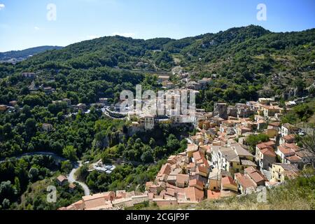 Panoramic view of Castelmezzano, a rural village in the mountains of the Basilicata region, Italy. Stock Photo