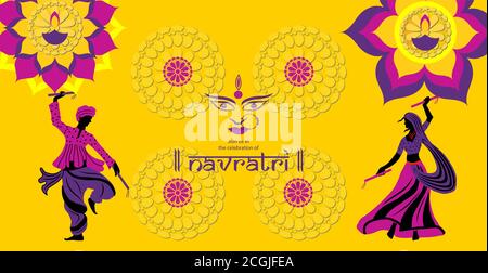 Navratri is a nine day festival for Goddess Durga. Durga Puja celebration poster. Graba dance and dandiya night abstract. Stock Vector