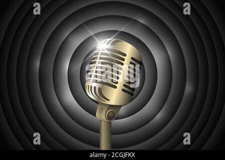 Vintage microphone on movie ending screen retro black and white circles signboard backdrop. Mic on empty theatre stage. Stand up comedian night show. Karaoke party vector eps art illustration Stock Vector