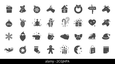 Christmas flat icons for web design and mobile app. Black icons on white background. Sweet christmas candy cane, gingerbread house, man, bull head Stock Vector
