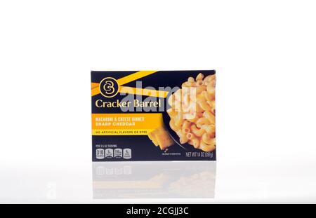 Box of Cracker Barrel Macaroni & Cheese Dinner sharp cheddar with no artificial flavors or dyes on white by Kraft Stock Photo