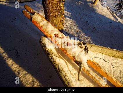 Pair of wooden oars and a rowing boat / skiff full of snow and ice at Winter , Finland Stock Photo