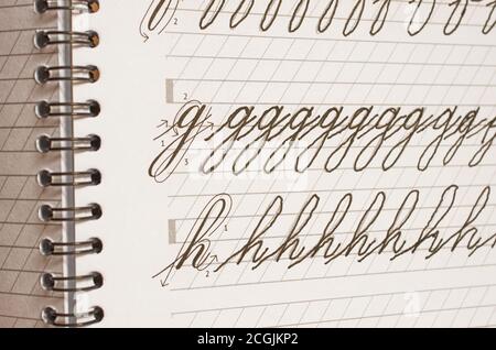 Page of a school notebook with handwritten letters of the English alphabet in close-up Stock Photo