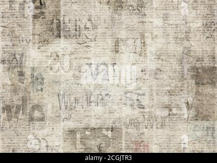 Newspaper with old unreadable text. Vintage grunge blurred paper news texture horizontal background. Textured page. Gray beige collage. Front top view Stock Vector
