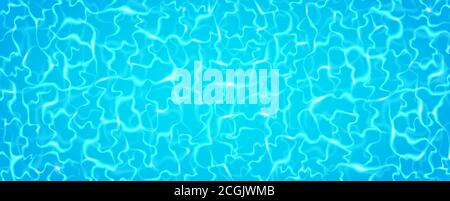 Swimming pool rippled with sun reflection. Blue water surface long banner. Bright ripples pattern. Summer waves background. Realistic swimming pool Stock Vector