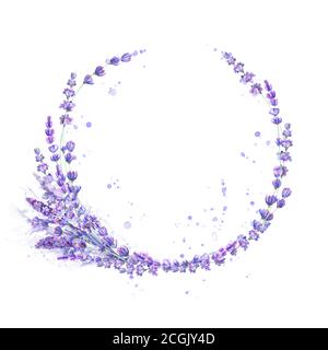 Lavender flowers purple watercolor round frame isolated on white background. Watercolour hand drawn floral circle illustration. Design element for inv Stock Vector
