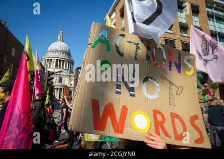 LONDON, ENGLAND, SEPTEMBER 10 2020, Activists of international climate action group Extinction Rebellion protest in Parliament Square on the final of Stock Photo