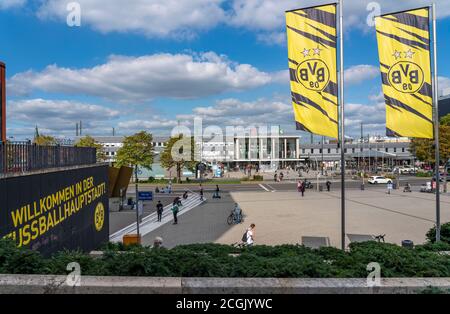 The main station in Dortmund, at Königswall, main entrance, station forecourt, BVB Borussia Dortmund flags, NRW, Germany Stock Photo