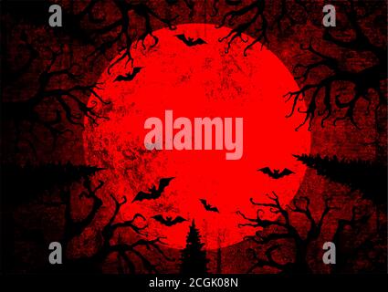 Halloween holiday bloody red grunge horizontal background with full moon, silhouettes of bats and terrible dead trees on dark spooky night sky. Hallow Stock Vector