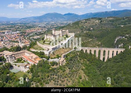 aerial view of the city of spoleto with a view of the castle and the bridge of the towers umbria italy Stock Photo