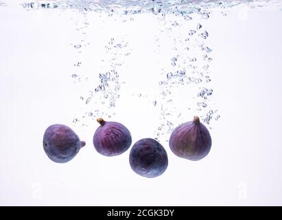 Fresh figs falling into the water isolated on white background. Food photography. Stock Photo