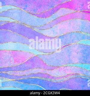 Watercolor transparent wave grunge colorful background. Watercolour hand painted waves illustration with gold contour lines. Banner frame backdrop spl Stock Vector