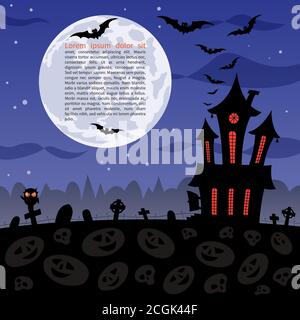 Halloween party background with haunted house, graves, bats, owl and full moon Stock Vector