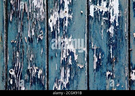 Aegean blue and sapphire blue old peeling worn paint on clapboard wood cladding. Texture textured background. Stock Photo