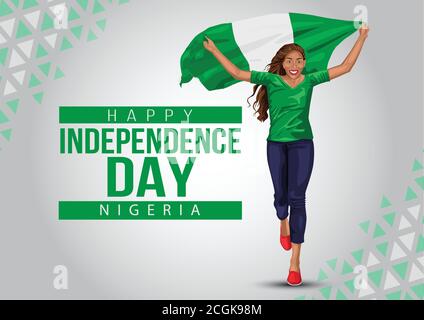 1st October Nigeria Independence Day. young girl running with holding Nigeria flag in her hands behind. vector illustration Stock Vector