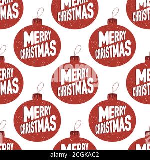 Seamless pattern made from hand drawn Christmas tree balls with snowing effect and Merry Christmas lettering inside. Isolated on a white background. Stock Vector