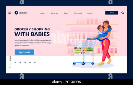 Young happy mother with baby in sling carrier make shopping at grocery store. Vector flat cartoon characters illustration. Smiling woman carrying kid Stock Vector