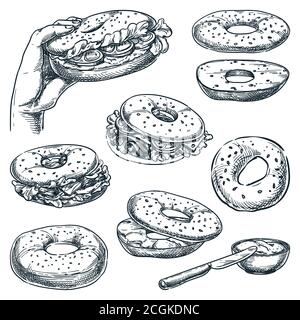 Bagel bread and sandwiches set, isolated on white background. Fast food snacks vector sketch illustration. Bun with salmon, cheese, ham and tomato. Ca Stock Vector