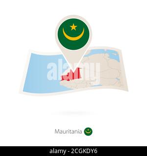 Folded paper map of Mauritania with flag pin of Mauritania. Vector Illustration Stock Vector