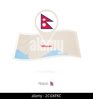 Folded paper map of Nepal with flag pin of Nepal. Vector Illustration Stock Vector