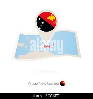 Folded paper map of Papua New Guinea with flag pin of Papua New Guinea. Vector Illustration Stock Vector