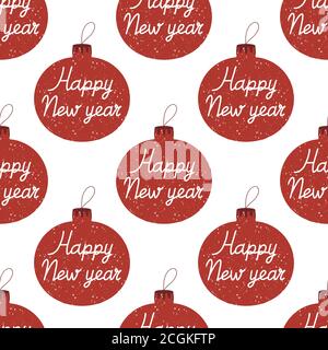 Seamless pattern made from hand drawn Christmas tree balls with snowing effect and Happy New Year lettering inside. Isolated on a white background. Stock Vector