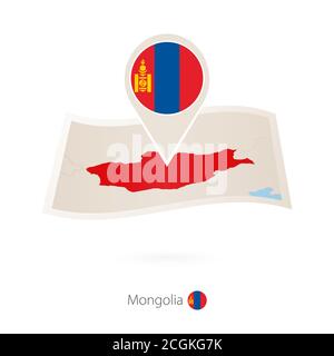 Folded paper map of Mongolia with flag pin of Mongolia. Vector Illustration Stock Vector