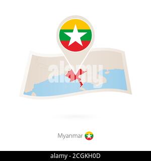 Folded paper map of Myanmar with flag pin of Myanmar. Vector Illustration Stock Vector
