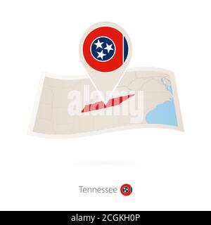 Folded paper map of Tennessee U.S. State with flag pin of Tennessee. Vector Illustration Stock Vector