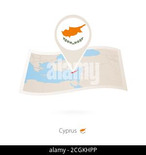 Folded paper map of Cyprus with flag pin of Cyprus. Vector Illustration Stock Vector